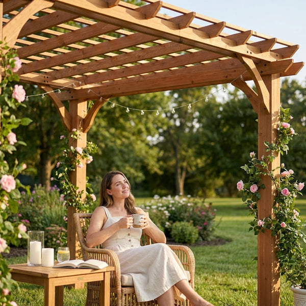 Outdoor Cedar Pergola Built for Natural Shade Creation, 100% Cedar Construction, 10x10 Foot Coverage, Traditional Design